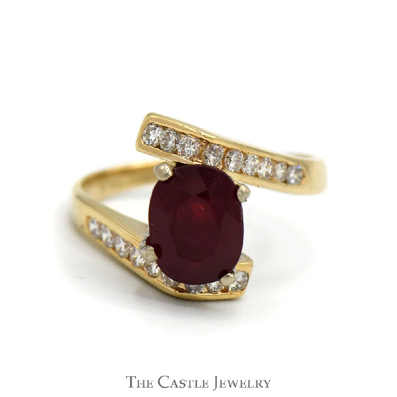 Vintage Wedding Band-Oval Ruby Ring with Channel Set Diamond Accented Bypass Setting in 14k Yellow Gold