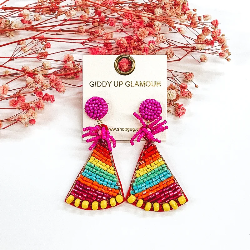 Classic Stud Earrings-Beaded Rainbow Birthday Party Hat Earrings in Fuchsia