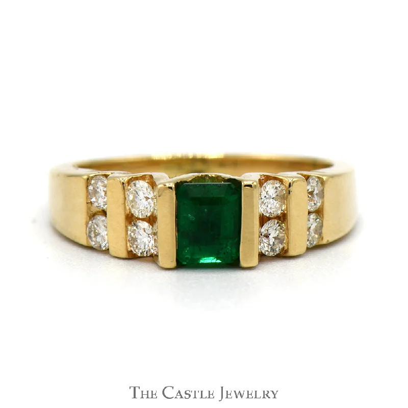 Fashionable Engagement Ring-Emerald Cut Emerald Solitaire with Channel Set Diamond Accents in 14k Yellow Gold