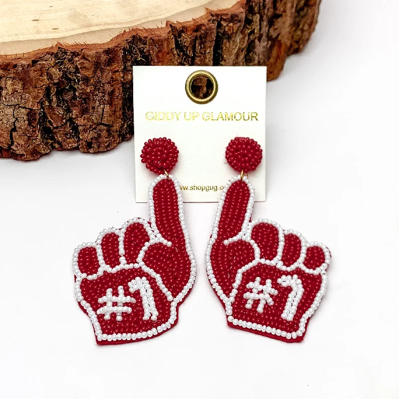 Luxury Gemstone Earrings-#1 Beaded Foam Finger Earrings in Maroon and White