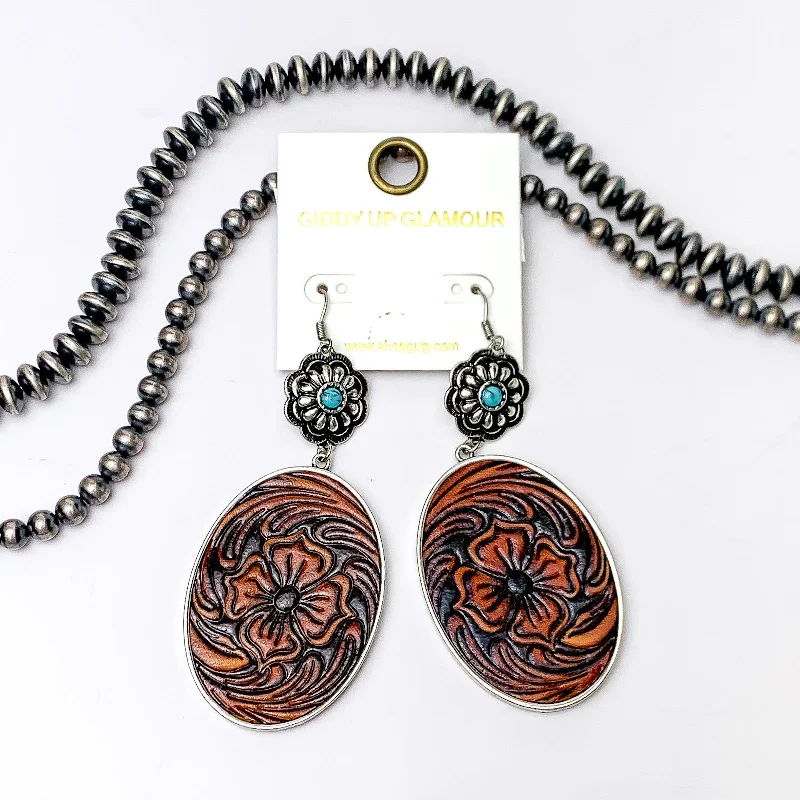 Luxury Diamond Earrings-Showtime Style Dangle Earrings with Faux Leather Tooled Pendant