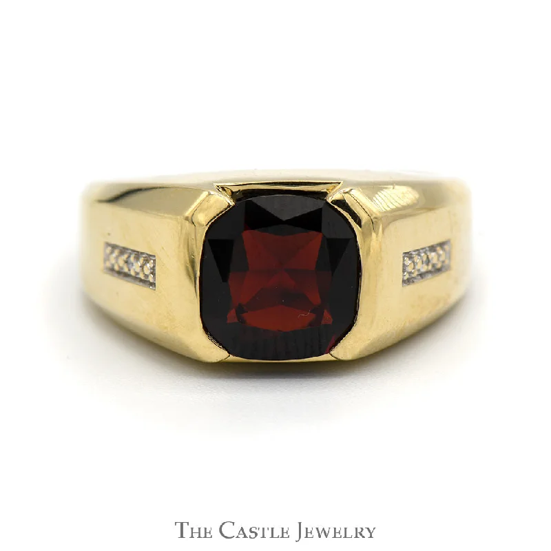 Solitaire Diamond Ring-Men's Cushion Cut Garnet Ring with Illusion Set Diamond Accents in 10k Yellow Gold