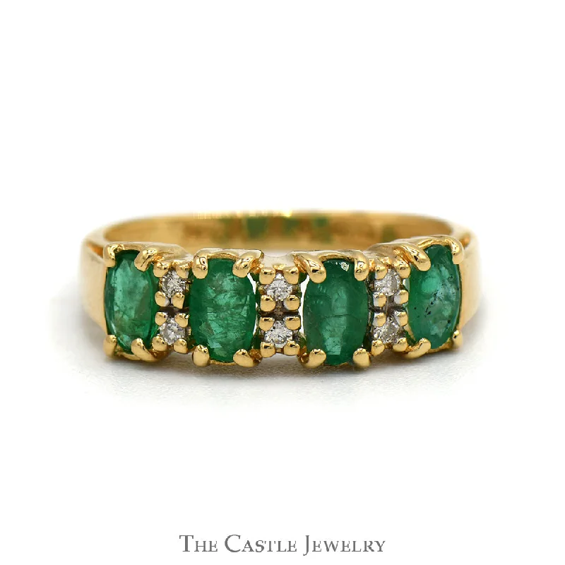 Modern Sapphire Engagement Ring-Four Oval Emerald Ring with Diamond Accents in 14k Yellow Gold