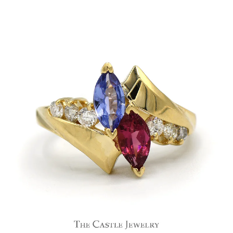 Minimalist Gold Ring-Marquise Cut Tanzanite & Rhodalite Garnet Ring with Diamond Accented Bypass Design in 14k Yellow Gold