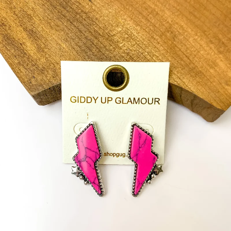 Fashionable Drop Earrings-Driving Down Lightning Bolt Stone Post Earrings in Hot Pink with Silver Detailing