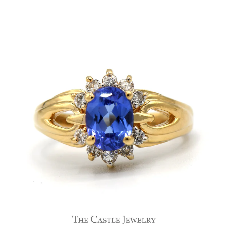 Personalized Diamond Ring-Oval Tanzanite Ring with Diamond Accents in Open 14k Yellow Gold Mounting