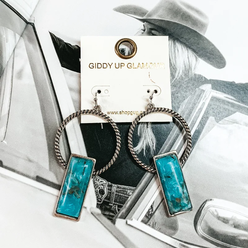 Sterling Silver Earrings for Women-Silver Tone Twisted Hoop Earrings with a Rectangle Turquoise Pendant