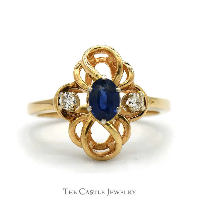 Classic Sapphire Wedding Band-Oval Sapphire Ring with Diamond Accents in Interweaving Looped Design in 14k Yellow Gold