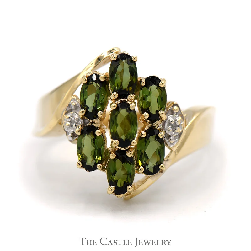 Gold Ring with Rubies-Oval Tsavorite Garnet and Diamond Cluster Ring With .01 CTTW in Bypass Style 10 KT Yellow Gold