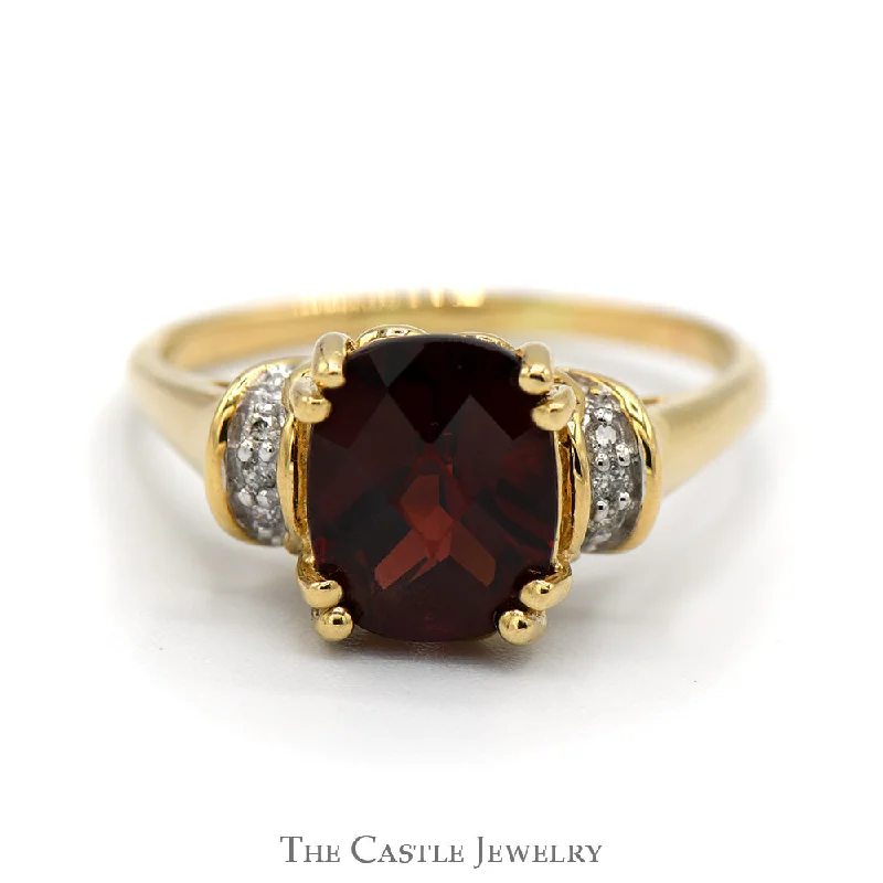 Diamond Anniversary Ring-Cushion Cut Garnet Ring with Diamond Accents in 14k Yellow Gold