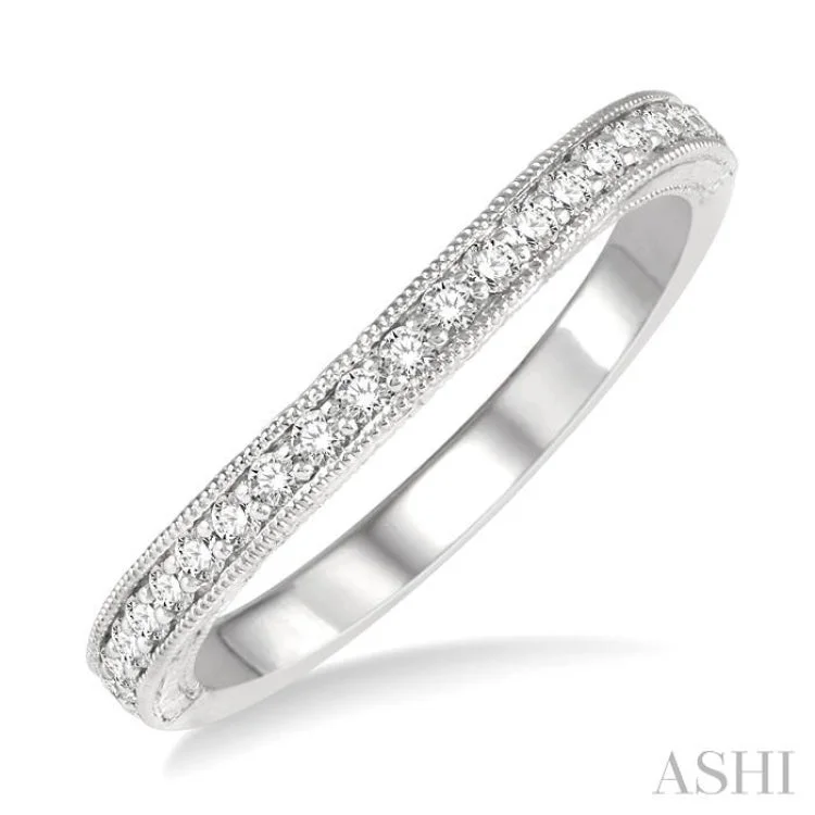 Dainty Engagement Ring-1/4 ctw Carved Sides Milgrain Border Round Cut Diamond Wedding Band in 14K White Gold