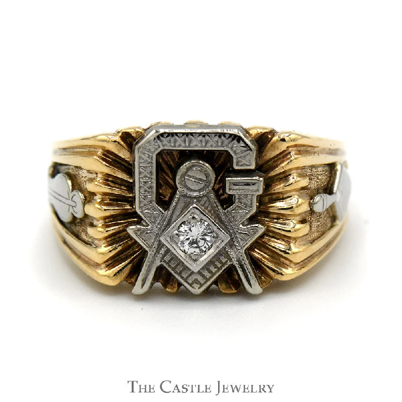 Vintage Silver Engagement Ring-Two Tone Diamond Masonic Ring in 10k White and Yellow Gold