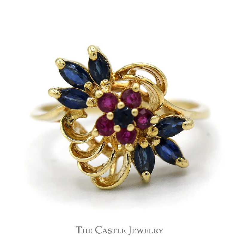 Unique Promise Ring-Round Ruby & Marquise Sapphire Cluster Ring with Freeform Vintage Design in 14k Yellow Gold