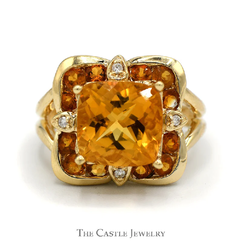 Gemstone Wedding Band-Cushion Cut Citrine With .02 CTTW Round Cut Diamonds and Round Citrines in Spit-Shank in 10 KT Yellow Gold