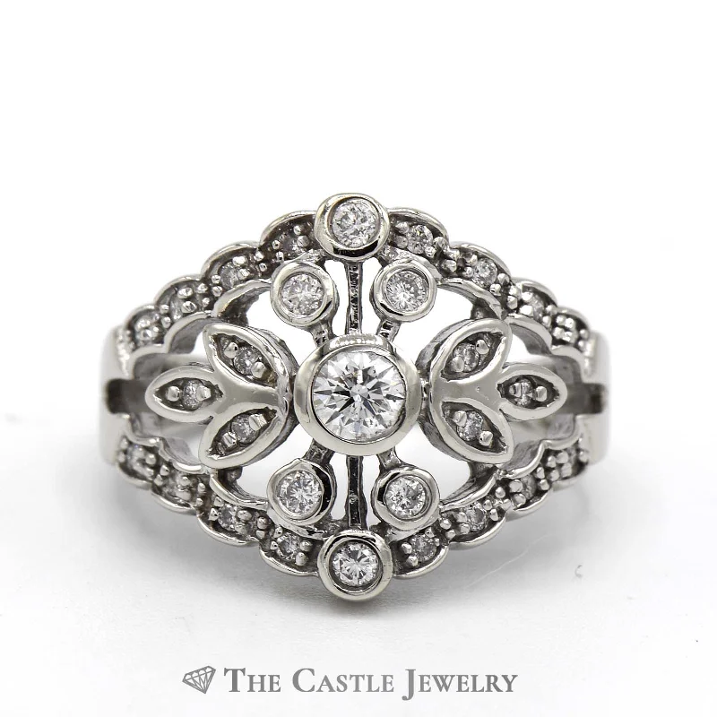 Vintage Gold Ring-Open Leaf Design Diamond Cluster with Diamond Bezel in 14K White Gold