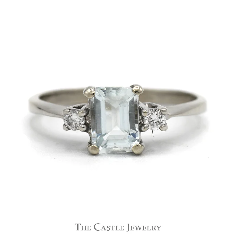 Luxury Diamond Ring-Emerald Cut Aquamarine And Diamond Ring .10 CTTW In 14KT White Gold