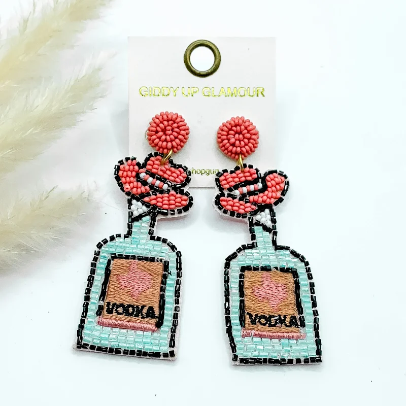 Beautiful Drop Earrings-Beaded Vodka Bottle with Pink Cowboy Hat in Light Blue