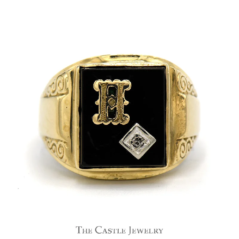 Birthstone Engagement Ring-Gent's H Initial Ring With Inlay Black Onyx And .01 CT Diamond In 10KT Yellow Gold