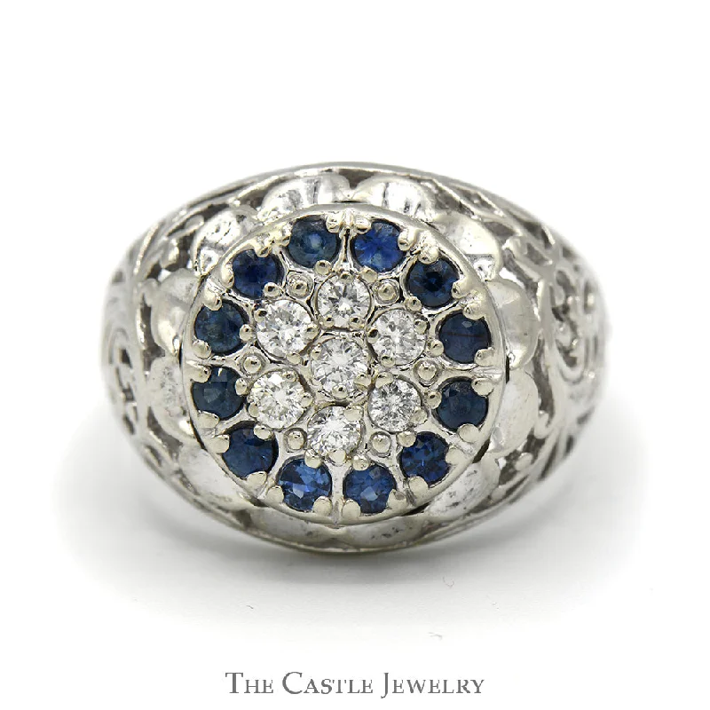 Custom Wedding Ring Set-Sapphire & Diamond Kentucky Cluster Ring with Open Filigree Sides in 10k White Gold