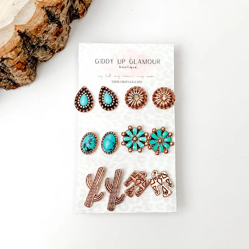 Luxury Gemstone Earrings-Set Of Six | Western Themed Turquoise and Copper Tone Stud Earrings