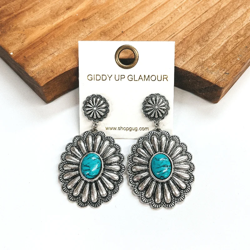 Elegant Gemstone Stud Earrings-New in Town Silver Tone Post Concho Drop Earrings with Faux Turquoise Stones