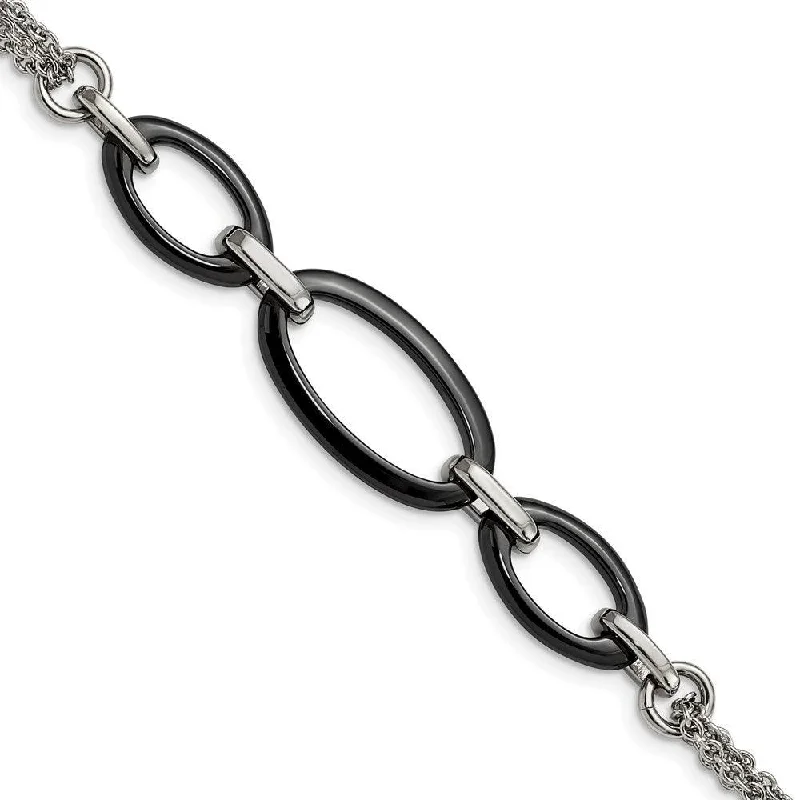 Sparkling Silver Bracelet-Stainless Steel And Black Ceramic Polished Bracelet