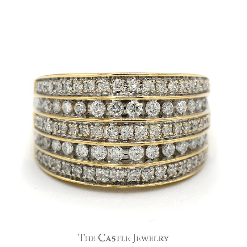 Beautiful Custom Ring-5 Row Wide Tapered 1cttw Diamond Band in 14k Yellow Gold