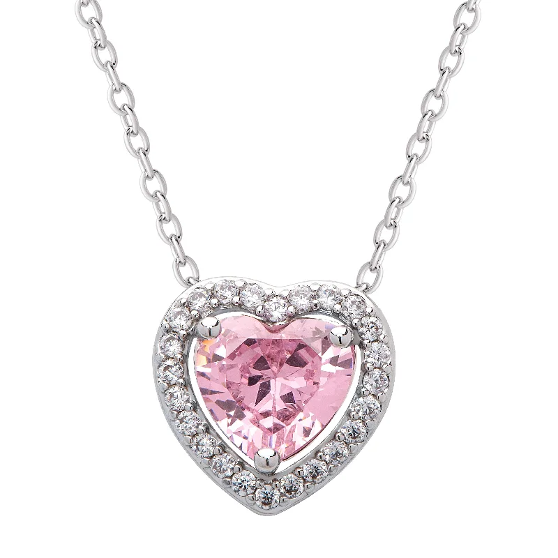 High-Quality Gemstone Necklace-Pink CZ Heart Halo Necklace