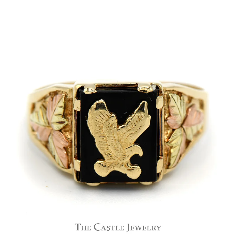 Beautiful Diamond Ring-Black Onyx Eagle Men's Ring with Two Tone Leaf Designed Sides in 10k Yellow and Rose Gold