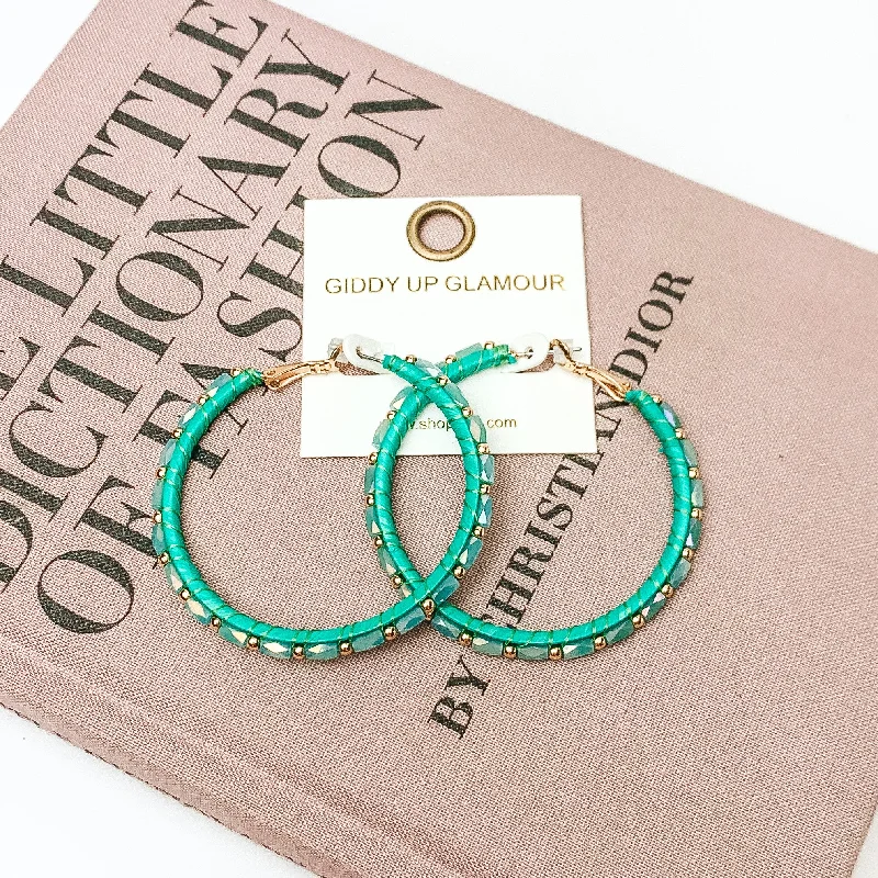 Party Earrings for Bridesmaids-Circle Beaded Hoop Earrings with Gold Tone Spacers in Green