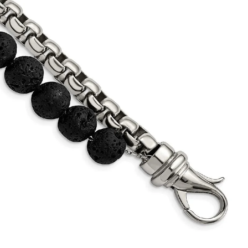 Trendy Friendship Bracelet-Stainless Steel Polished Box Chain & Lava Stone 2 Stand 8.5in Bracelet