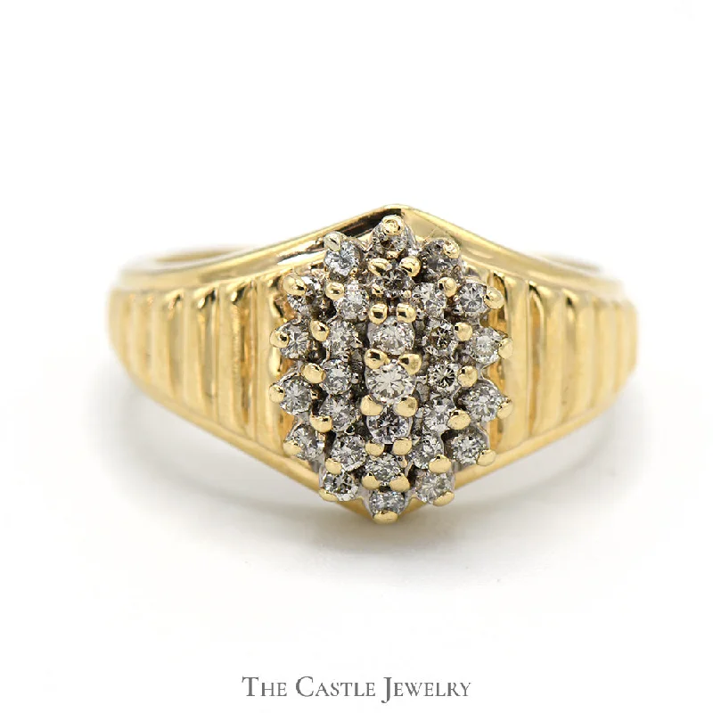 Unique Diamond Ring-Oval Shaped 1/2cttw Diamond Cluster Ring in 10k Yellow Gold Ridged Tapered Setting