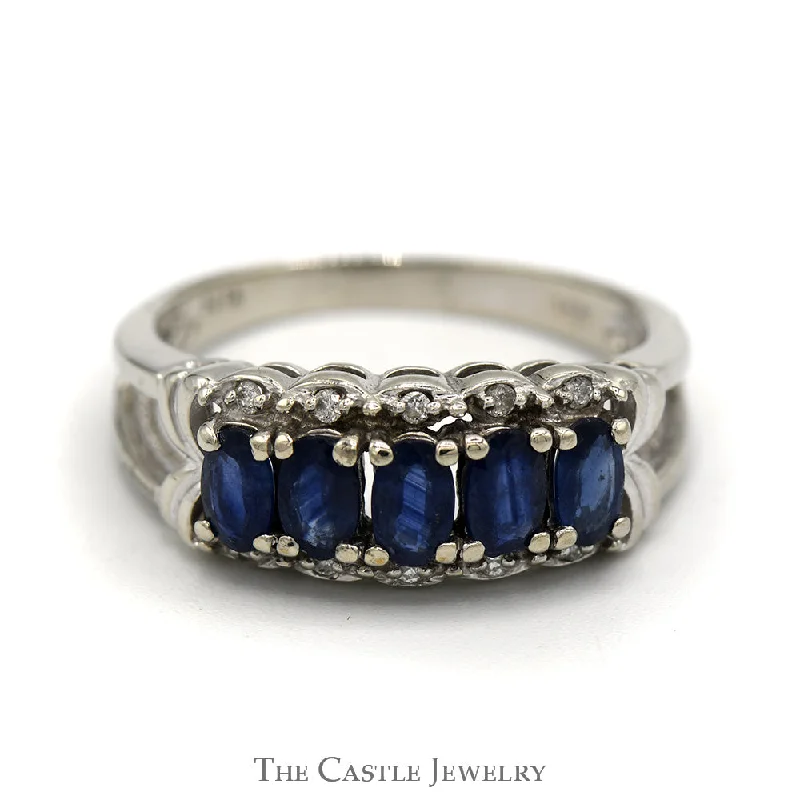 Personalized Engagement Ring-Oval Sapphire Band with Scalloped Mounting & Diamond Accents