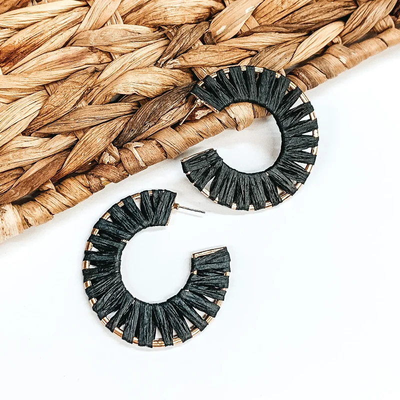 Wedding Earrings with Crystals-Cabana Bound Raffia Wrapped Gold Hoop Earrings in Black