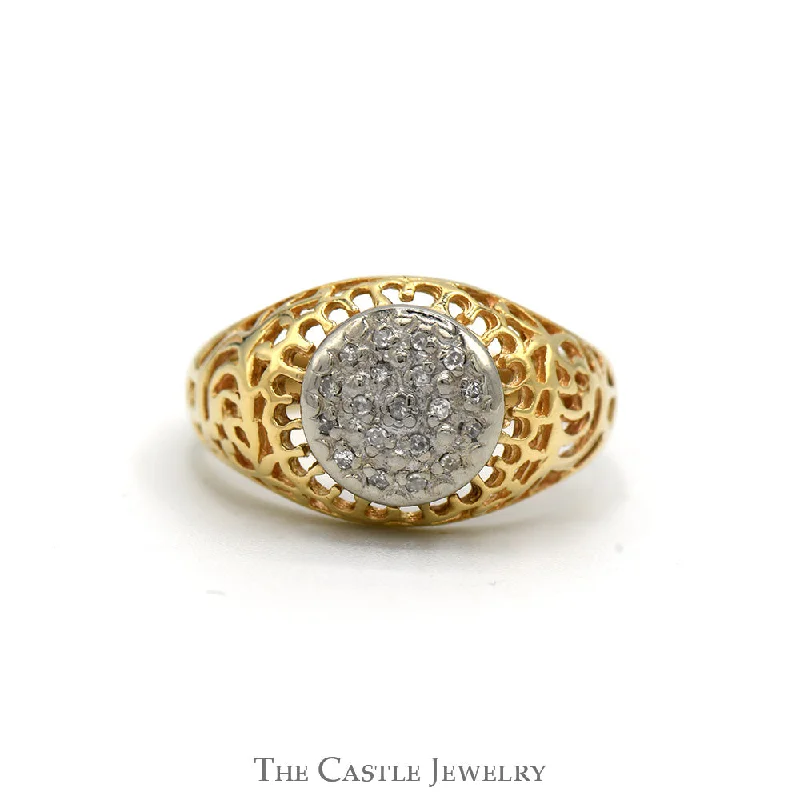 Unique Gold Ring-Kentucky Diamond Cluster Ring with Open Filigree Sides in 10k Yellow Gold