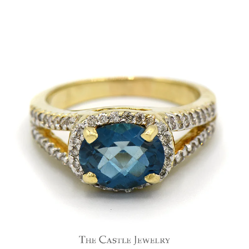 Wedding Ring for Bride-Oval Fantasy Cut Blue Topaz Ring with Diamond Accents in 14k Yellow Gold Split Shank Setting