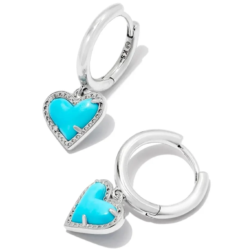 Modern Gold Earrings-Kendra Scott | Ari Heart Silver Huggie Earrings in Variegated Turquoise Magnesite