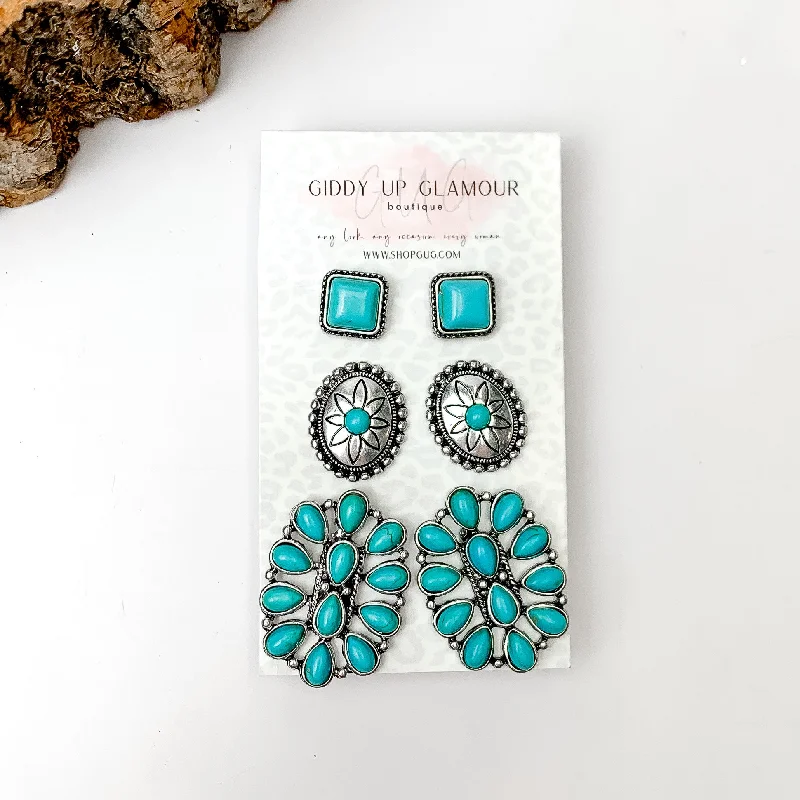 Unique Design Earrings-Set Of Three | Western Turquoise Blue Stones and Silver Tone Stud Earrings