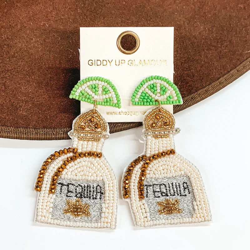 Elegant Bridal Earrings-Beaded Tequila Bottle with Lime Studs in Ivory