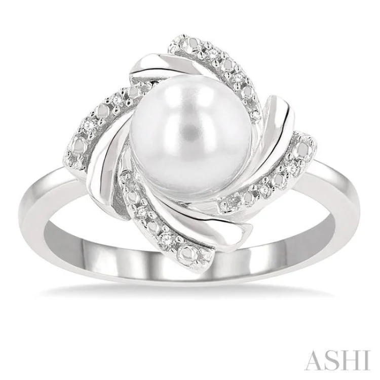 Designer Ring with Birthstone-1/50 Ctw Swirl Round Cut Diamond & 7x7MM Cultured Pearl Ring in Sterling Silver