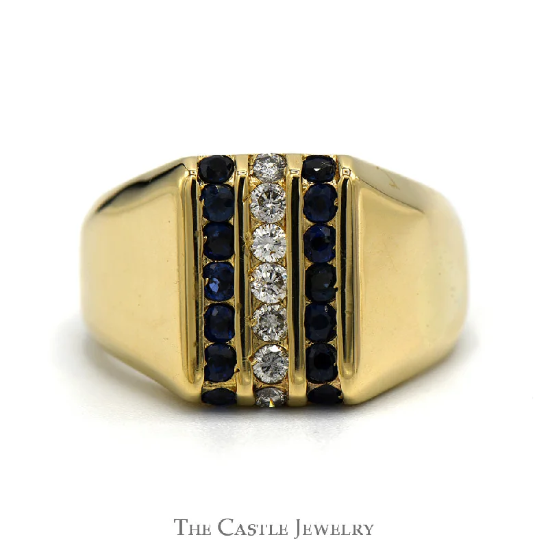 Fashionable Engagement Ring-Vertically Set Sapphire & 1/4cttw Diamond Cluster Ring in 14k Yellow Gold