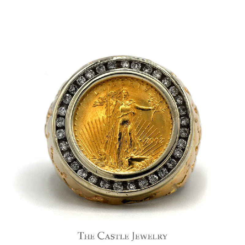 Wedding Ring Set with Diamonds-2002 Liberty Coin Ring with 1/2cttw Diamond Bezel and Textured Nugget Sides in 14k Yellow Gold