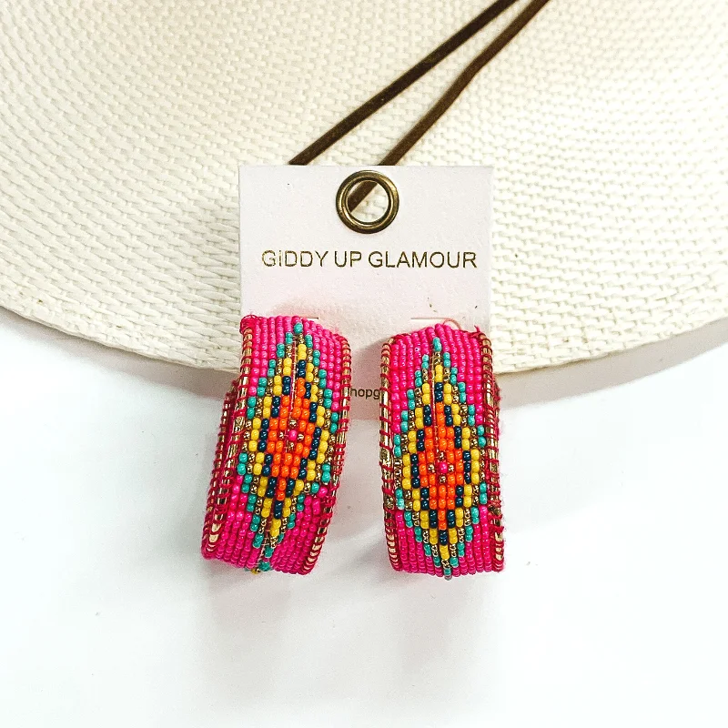 Modern Bridal Earrings-Aztec Pattern Beaded Hoop Earrings in Hot Pink