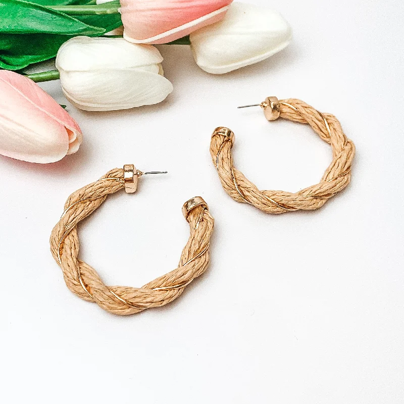 Simple Silver Earrings-Paradise Dreaming Raffia Twisted Hoop Earrings with Gold Tone Detailing in Beige