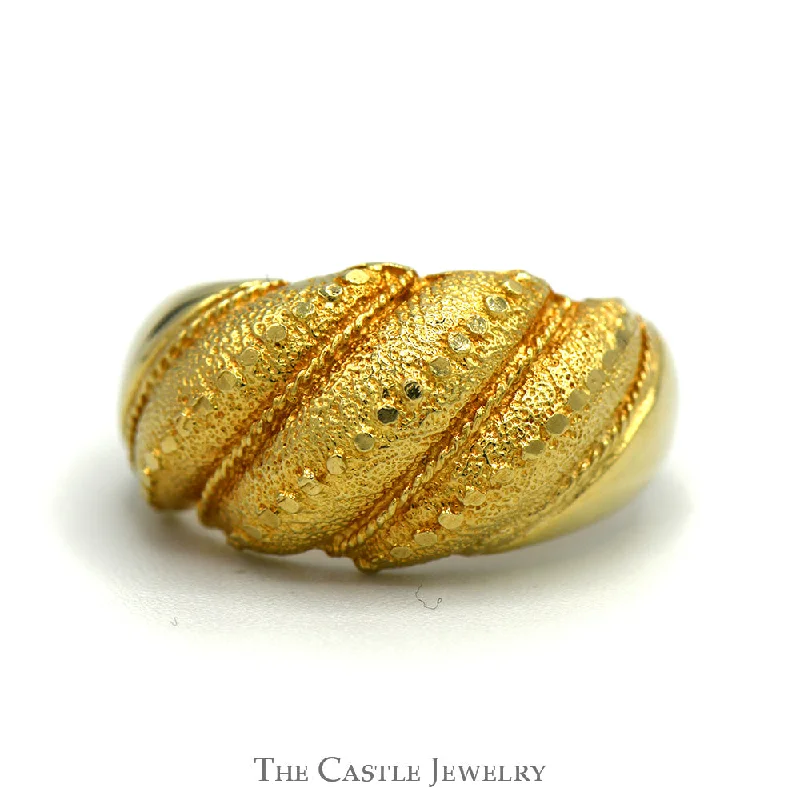 Trendy Wedding Rings-Ridged Dome Ring with Textured Brushed and Beaded Details in 10k Yellow Gold