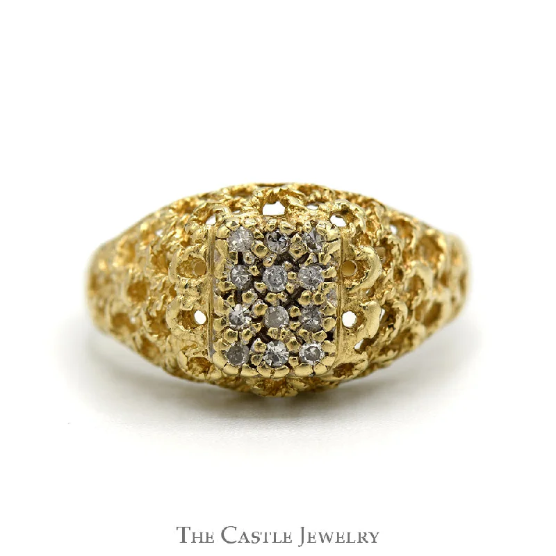 Luxury Wedding Band-Rectangular Diamond Cluster Ring with Open Nugget Sides in 10k Yellow Gold