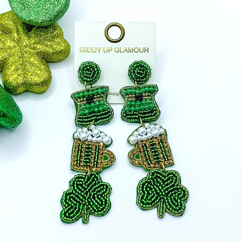 Luxury Drop Earrings-St. Patty's Beaded Drop Earrings in Green