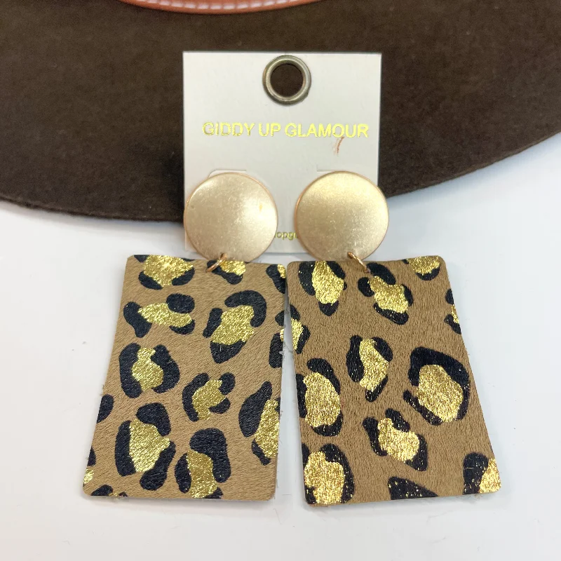 Unique Gold Earrings-Where the Wild Things Are Leopard Print Rectangle Drop Earrings in Brown