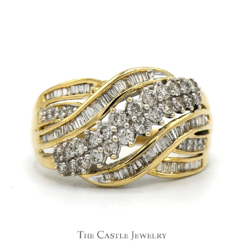 Gorgeous Wedding Ring Set-1cttw Multi Row Baguette & Round Diamond Cluster Ring with Interweaving Design in 10k Yellow Gold