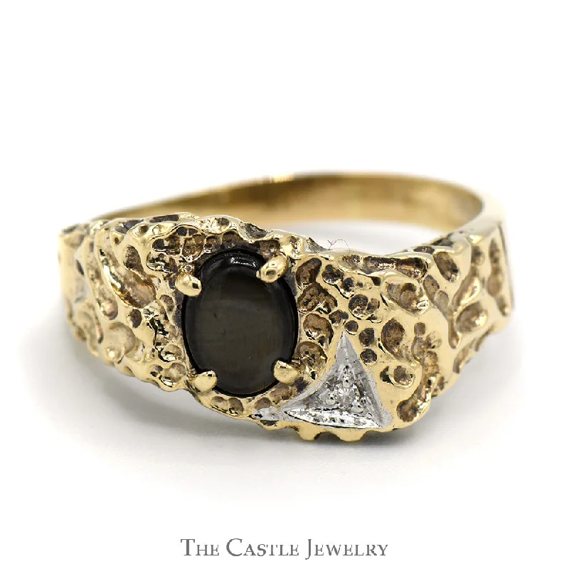 Custom Vintage Engagement Ring-Oval Black Star Stone Ring with Diamond Accent in 10k Yellow Gold Nugget Mounting